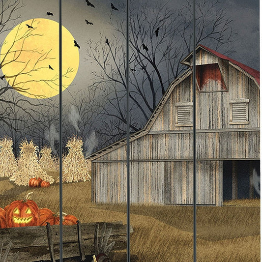 Halloween-themed scene with a barn, pumpkins, and a full moon.