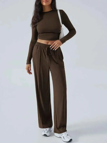Round Neck Long Sleeve Crop Top and Pants Set