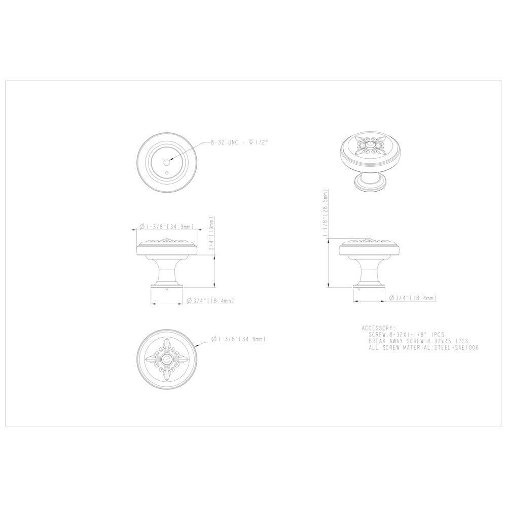 1-3/8" Diameter Satin Nickel Baroque Lafayette Cabinet Knob