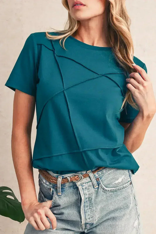 Dirty Blue Solid Color Round Neck T Shirt