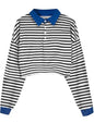 Natalie Winters Dress - Remidoo Women's Collared Half Button Long Sleeve Striped Crop Top Sweatshirt