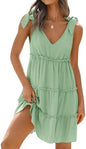Sundresses - ZESICA Womens Summer Casual V Neck Sleeveless Mini Dress Tie Shoulder Tiered Ruffle Swing A Line Short Sundresses