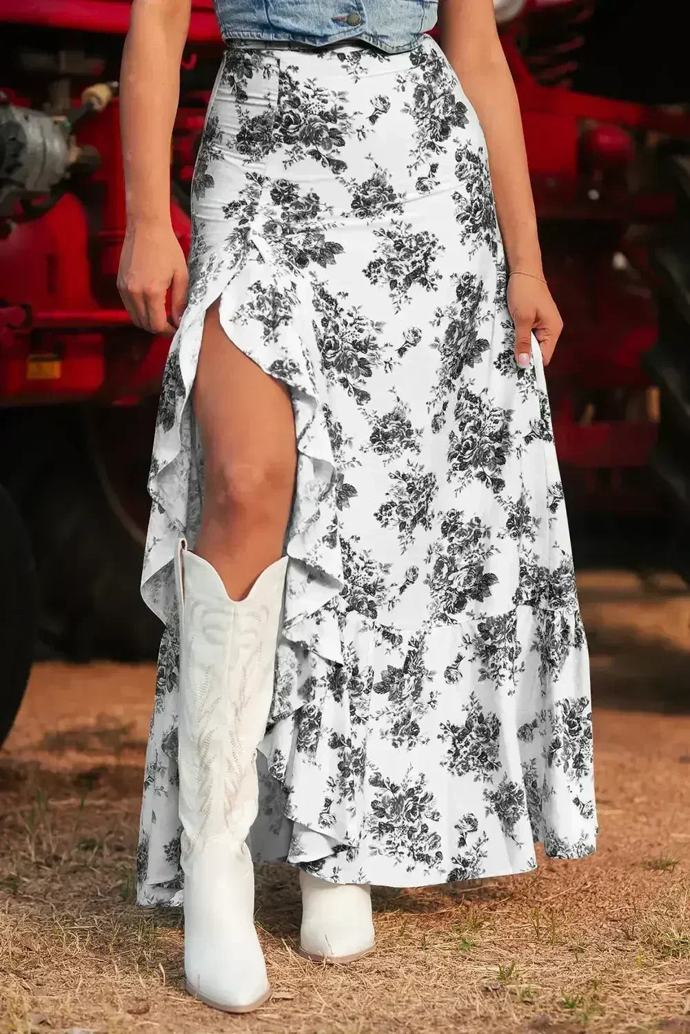 Sky Blue Boho Floral High Waist Ruffle Split Maxi Skirt