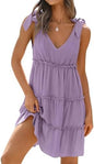 Sundresses - ZESICA Womens Summer Casual V Neck Sleeveless Mini Dress Tie Shoulder Tiered Ruffle Swing A Line Short Sundresses