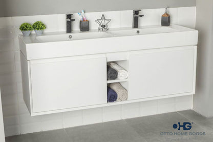 Gala 60" White Floating Bathroom Vanity with Porcelain Top & Hidden Drawer