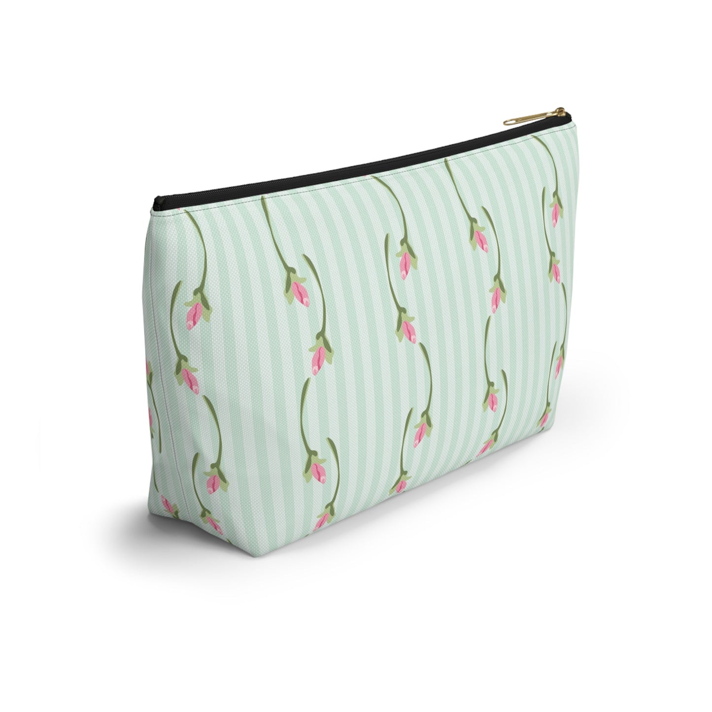 Customizable: Floral Print Accessory Pouch | Cute Makeup Bag, Travel Organizer, Gift for Her, Floral Clutch, Green Striped Bag