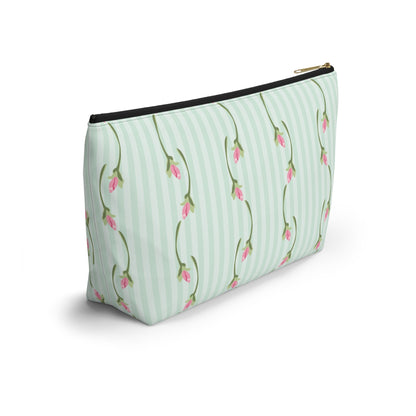 Customizable: Floral Print Accessory Pouch | Cute Makeup Bag, Travel Organizer, Gift for Her, Floral Clutch, Green Striped Bag