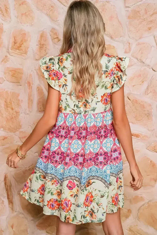 Rose Floral Ethnic Print Ruffle Mini Dress