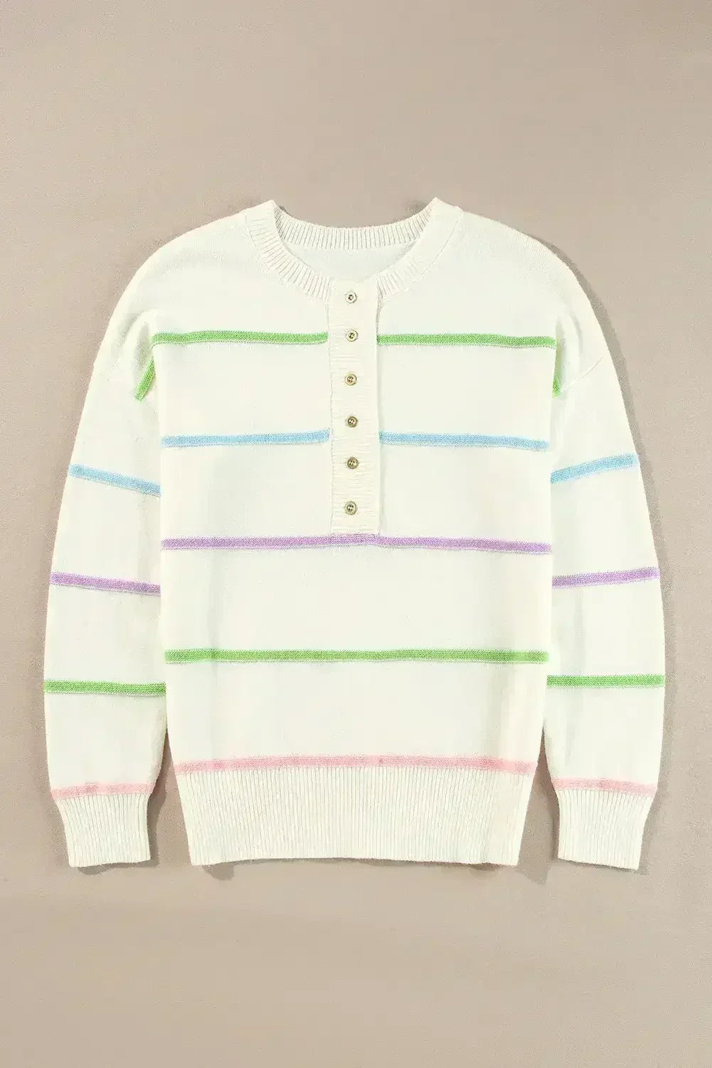 White Rainbow Striped Drop Sleeve Henley Sweater