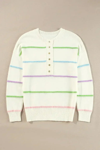 White Rainbow Striped Drop Sleeve Henley Sweater