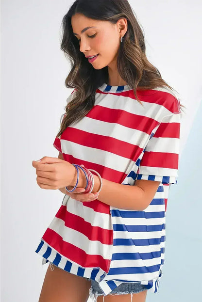 Red Stripe Loose Casual Color Block T Shirt