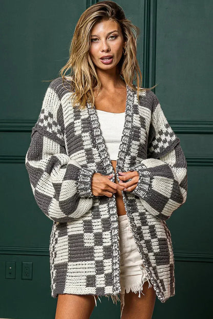 Taupe Colorblock Checked Open Front Knitted Cardigan