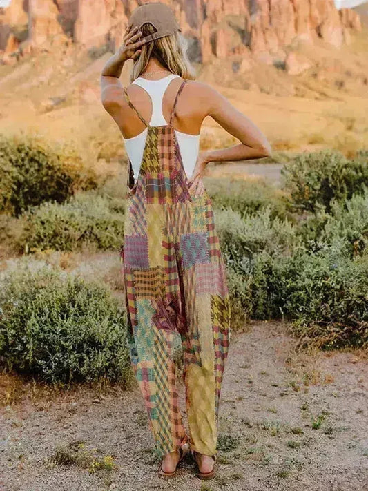 Printed V-Neck Jumpsuit - Sleeveless Romper with Pockets