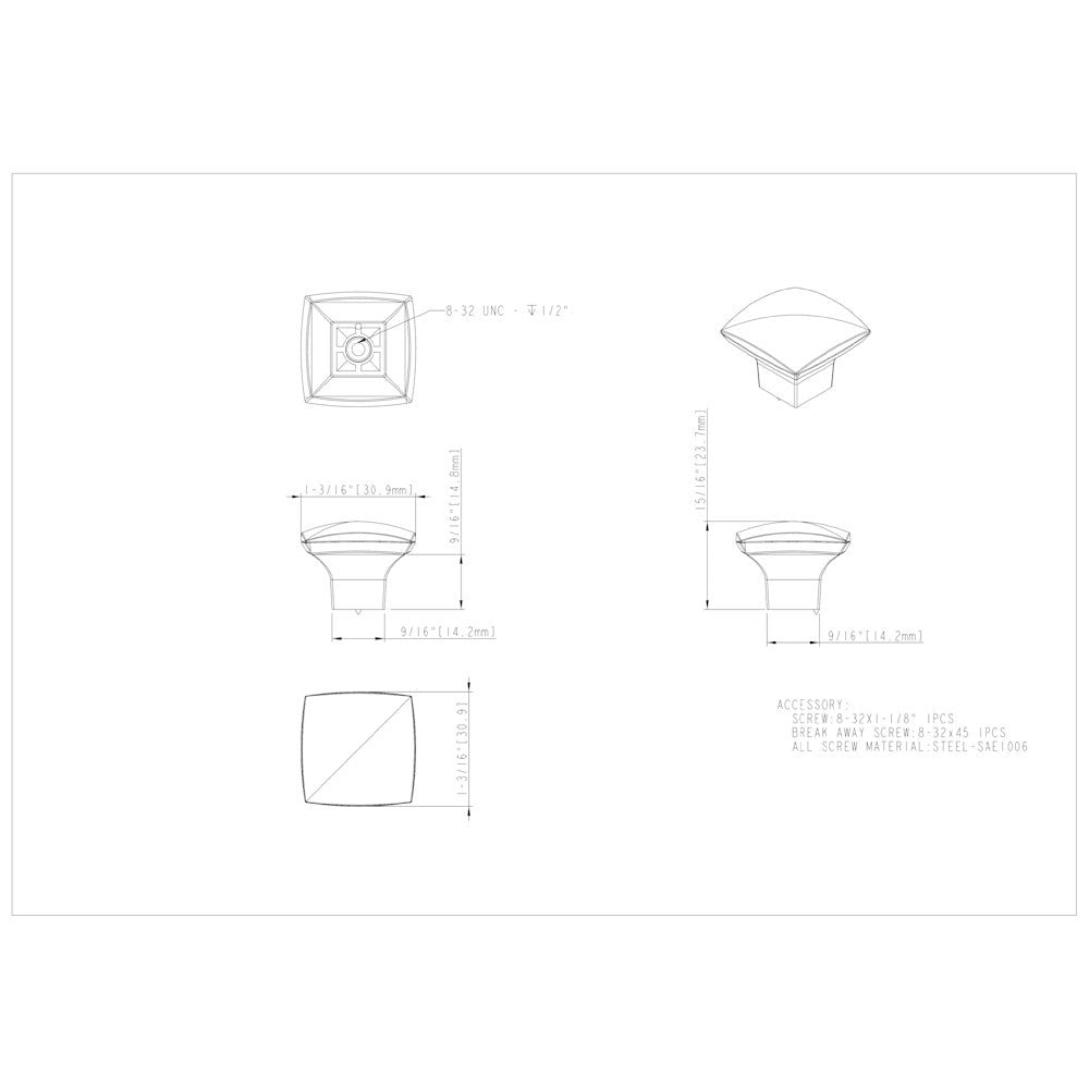 1-3/16" Overall Length Satin Nickel Square Sonoma Cabinet Knob