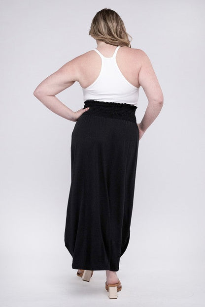 ZENANA Plus Smocked Waist Side Slit Maxi Skirt w/ Pockets
