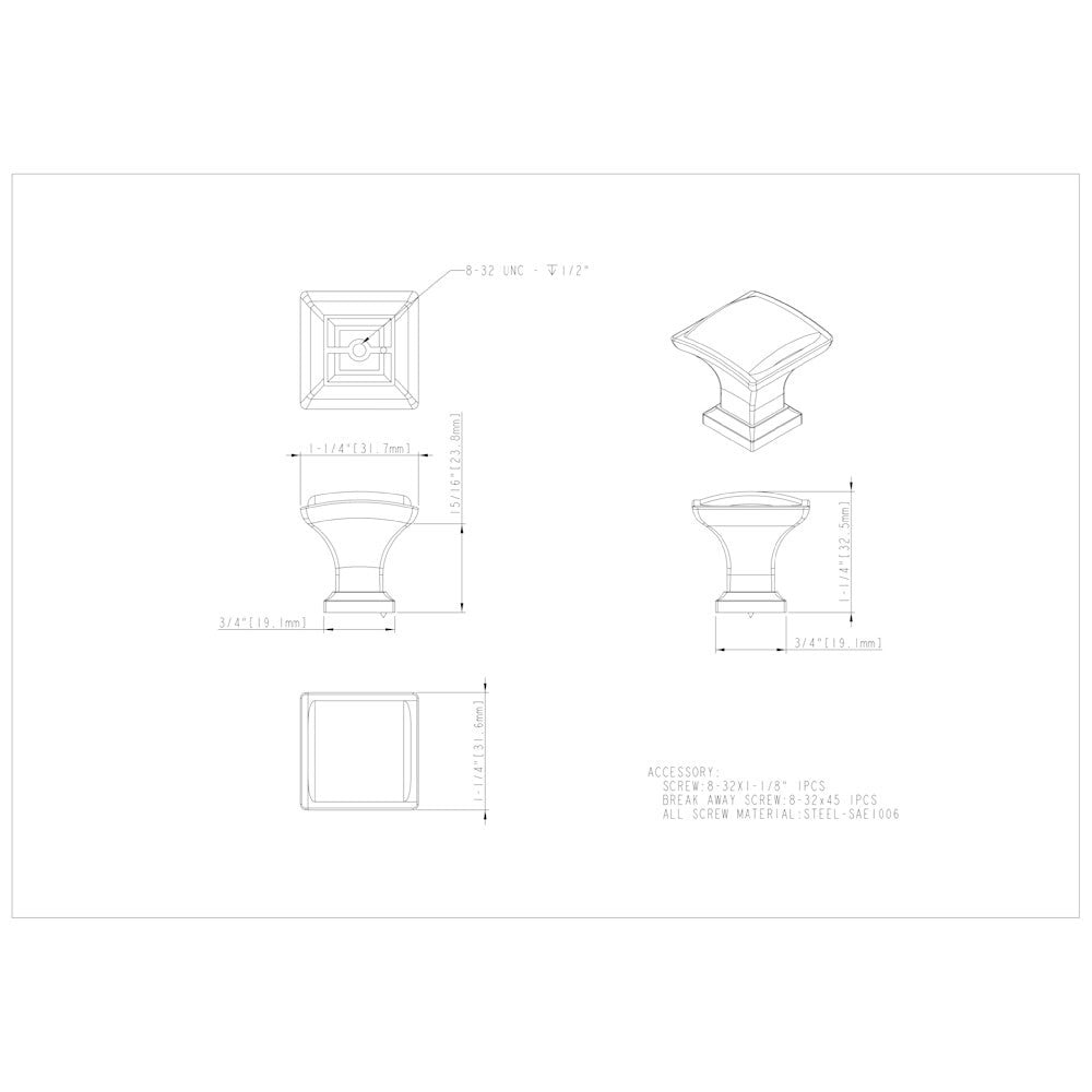 1-1/4" Overall Length Satin Nickel Square Annadale Cabinet Knob