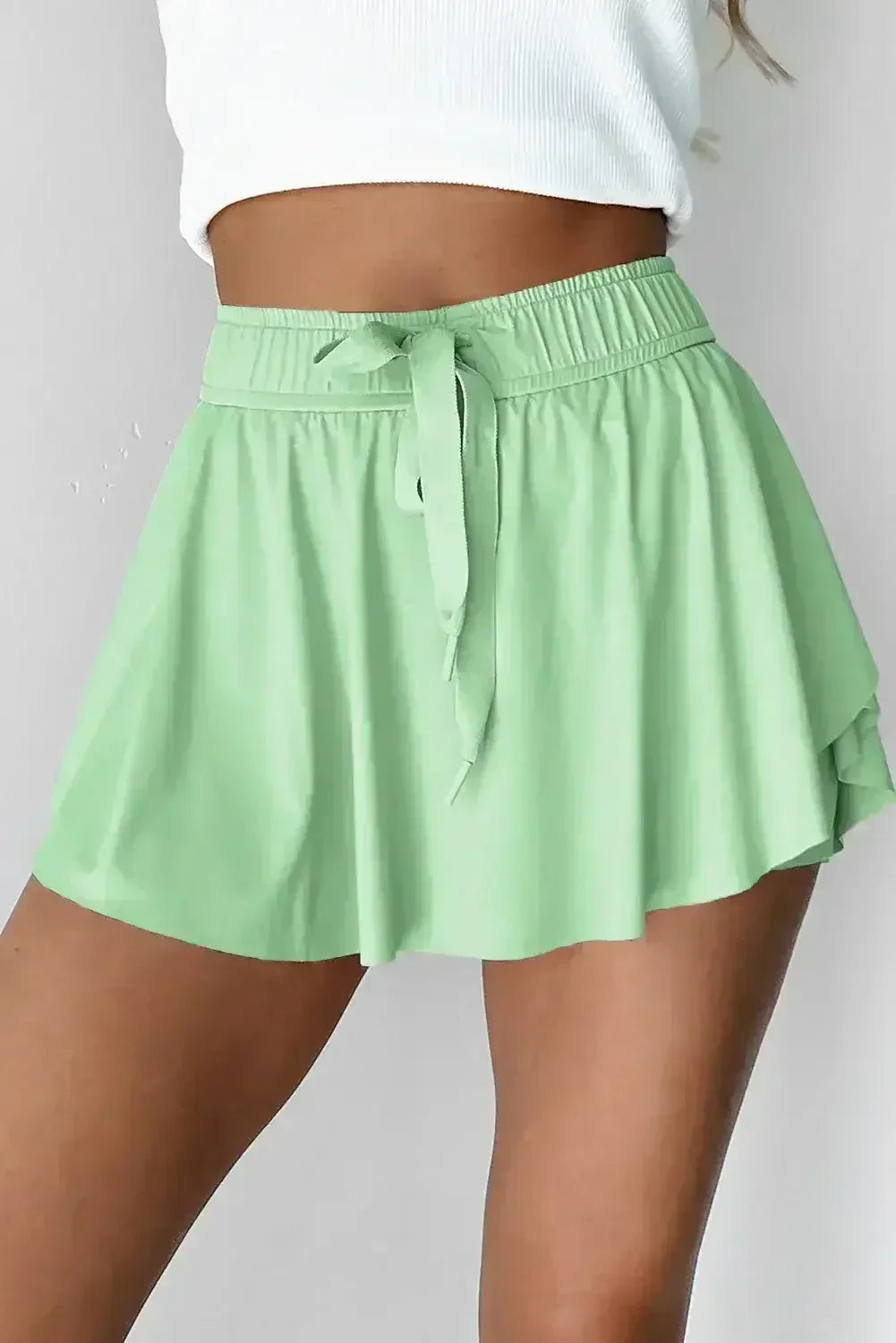 Light Green Drawstring High Waist Lined Tennis Skort