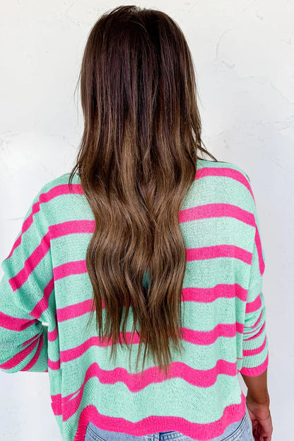 Green Striped Round Neck Colorblock Knit Sweater