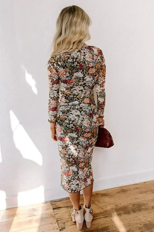 Brown Floral Allover Print Mock Neck Bodycon Midi Dress