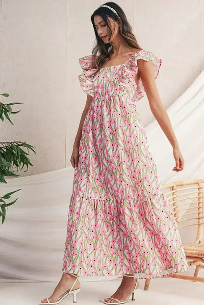 Pink Floral Print Square Neck Ruffled Strap Maxi Dress