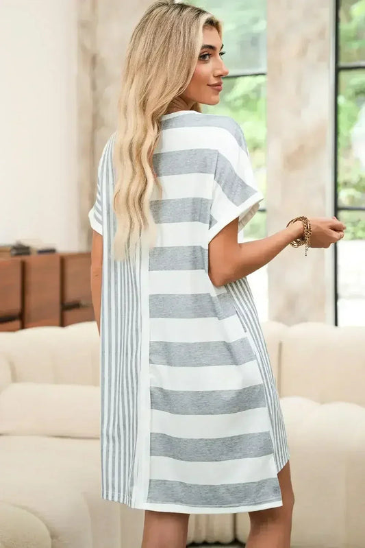 Gray Stripe Mixed Printed Short Sleeve Shift Mini T Shirt Dress