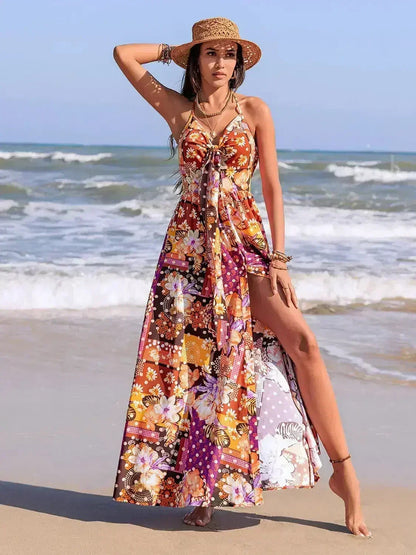Slit Printed Halter Neck Cami Dress