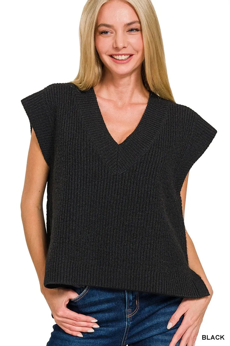 Zenana Oversized Sweater Vest with Side Slit in Black