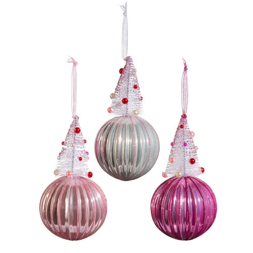 6" Pink Bottle Brush Tree on Ball Ornament - SET OF 3