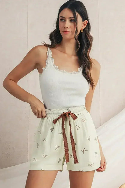 White Bow Pattern Lace Tie Elastic Waist Shorts