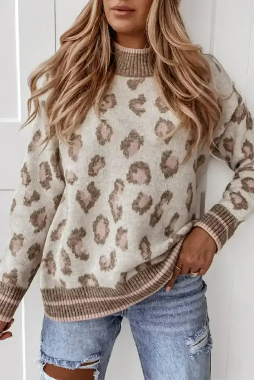 Brown Two-tone Ribbed Trim Contrast Leopard Sweater