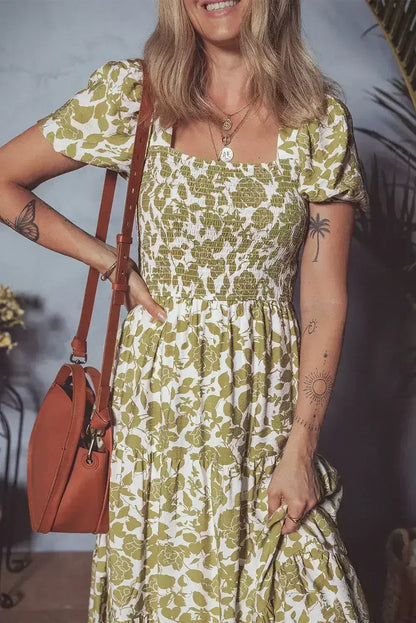 Yellow Boho Floral Print Square Neck Puff Sleeve Tiered Maxi Dress