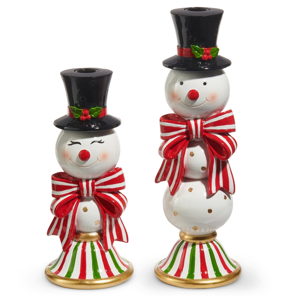 Christmas Carousel Collection - 13" & 10" Happy Snowman Candlesticks - SET OF 2