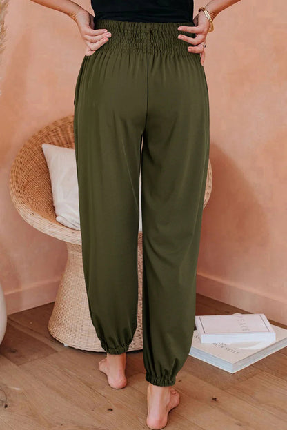 Navy Blue Shirred Smocked High Waist Joggers