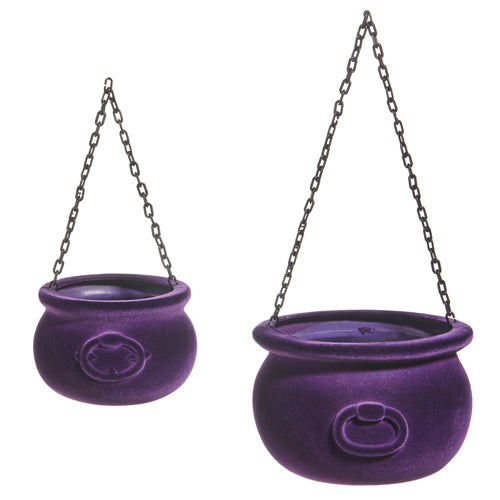 Halloween Carnival - 10" & 7.5" PURPLE FLOCKED CAULDRONS - SET OF 2