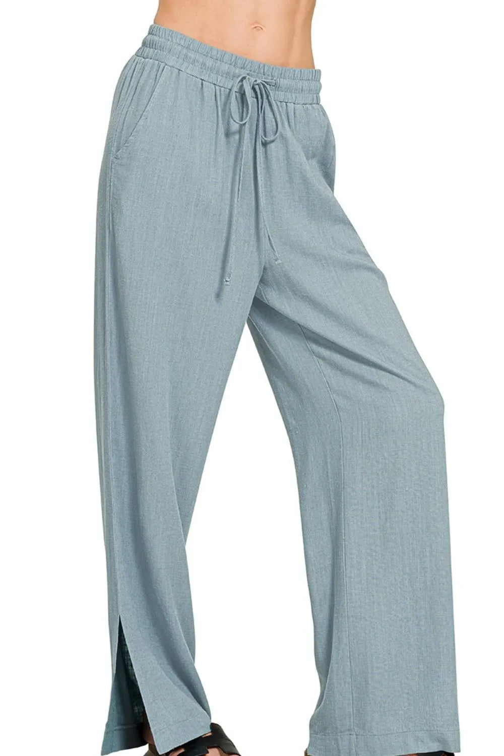 Zenana Linen Drawstring Pants in Blue Grey