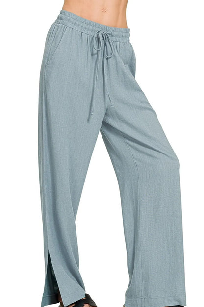 Zenana Linen Drawstring Pants in Blue Grey