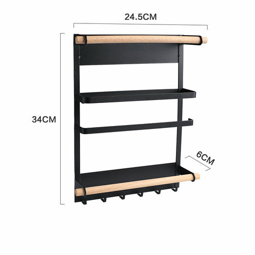 Black wall-mounted shelf with wooden accents and dimensions indicated.