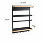Black wall-mounted shelf with wooden accents and dimensions indicated.