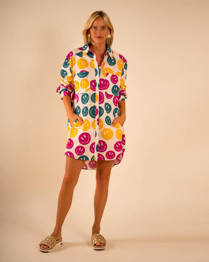 All Over Smiley Preslie Poplin Shirt Dress | Organic Cotton Beltable