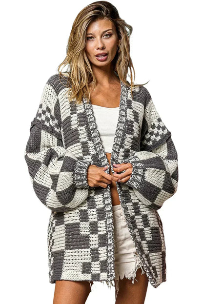 Taupe Colorblock Checked Open Front Knitted Cardigan