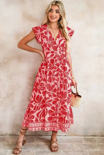 Red Boho Floral V-Neck Ruffle Shoulder Maxi Dress