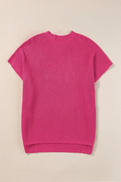Rose Red Side Slit Short Sleeve Oversized Sweater