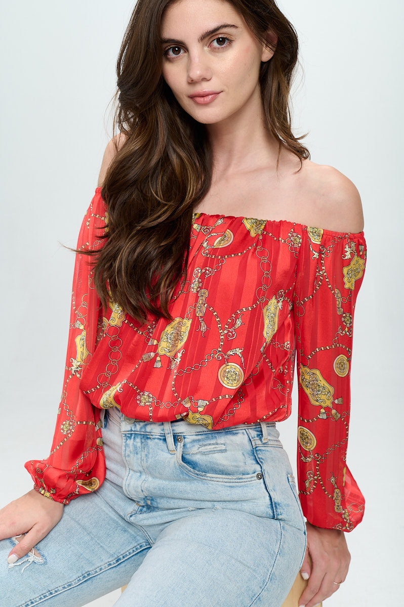 Off-Shoulder Printed Crop Top with Long Sleeves | Apparel | Kitchen + Metal