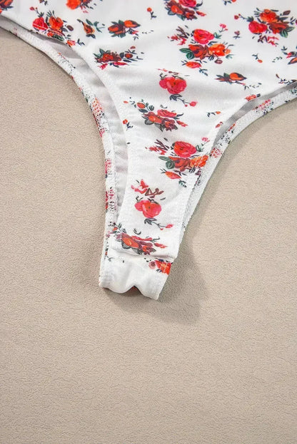 White Floral V-Cut Mesh Bodysuit with Frill Trim - Femstylo