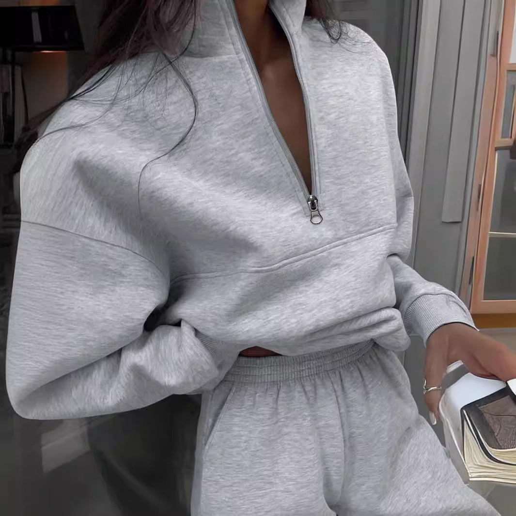 Long-sleeved Sports Sweatsuit Stand-up Collar Zip-up Top And Elastic Band Trousers With Pocket