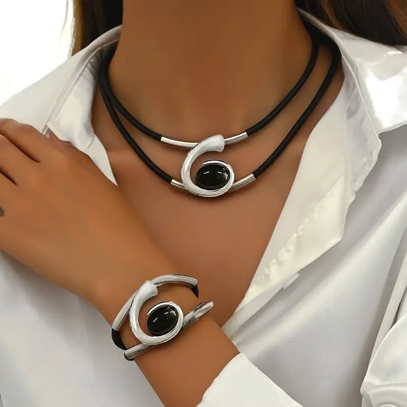 Modern Elegance Black and Silver Leather Choker and Bracelet Combo