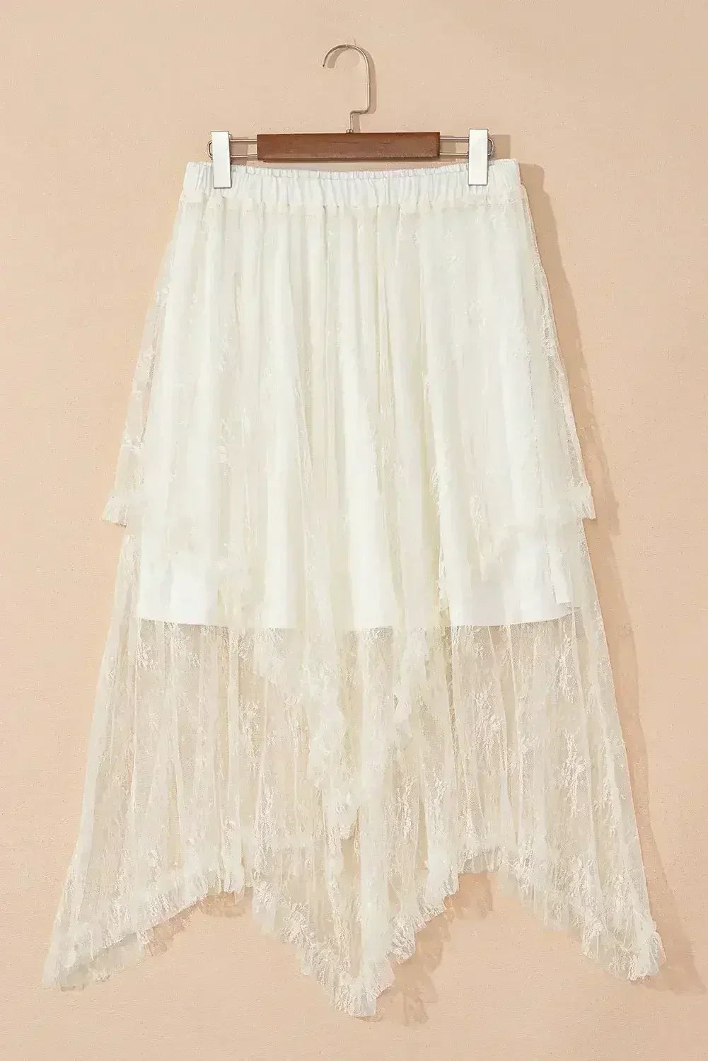 Beige Lace Cascading Tiered High Waist Maxi Skirt