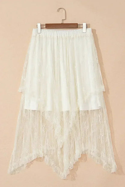 Beige Lace Cascading Tiered High Waist Maxi Skirt