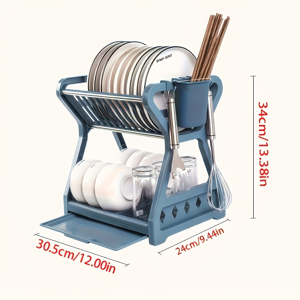 Space-Saving 2-Tier Kitchen Dish Rack with Drainboard - Sleek Blue &