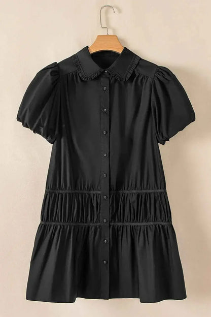 Button Down Puff Sleeve Dress with Ruffle Hem